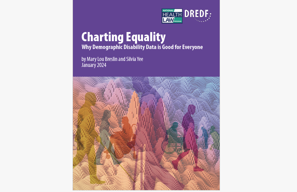 Cover of Charting Equality with an abstract image is of people with different disabilities on top of colorful bar graphs.